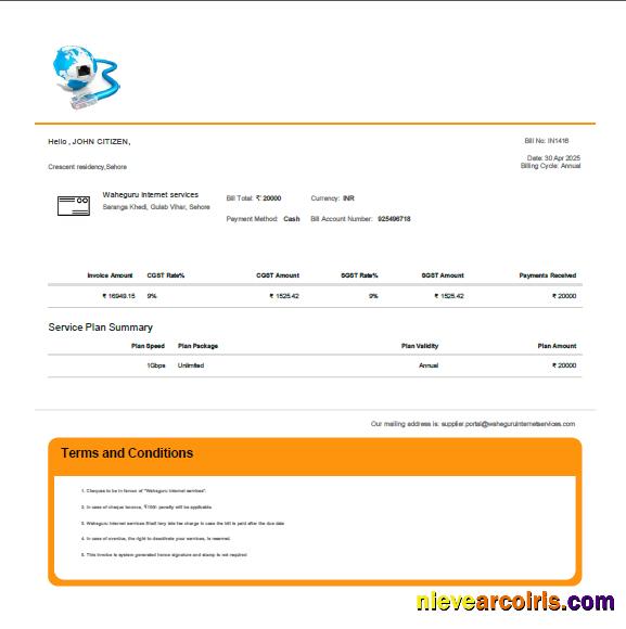 India Waheguru Telecom utility bill